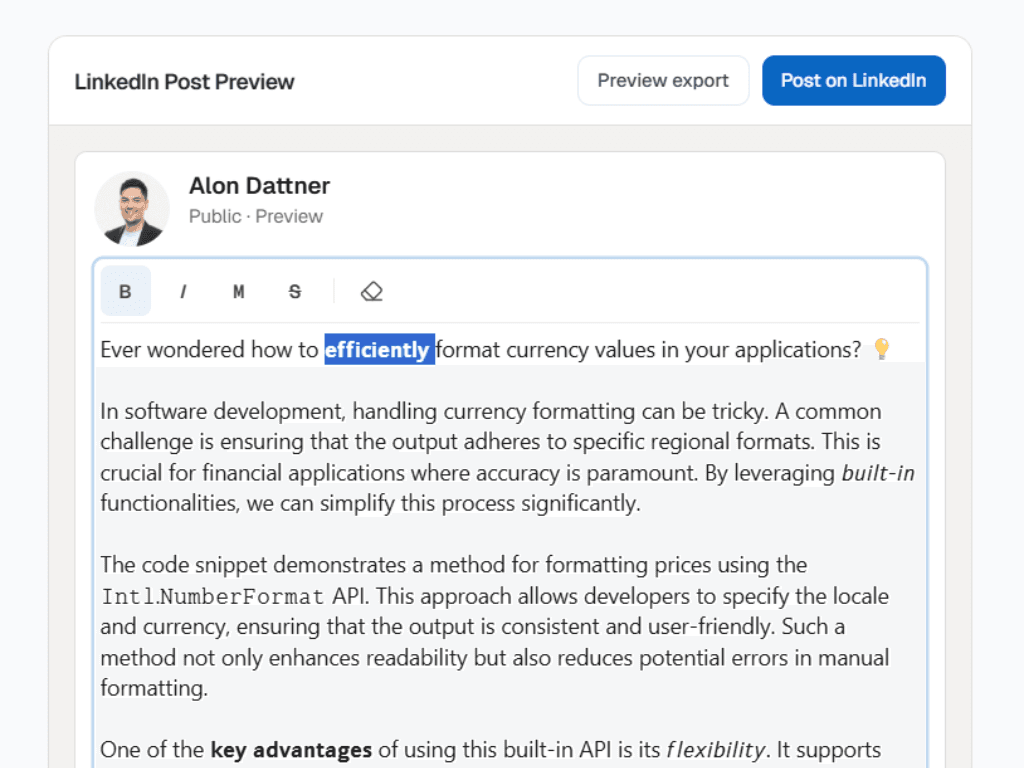 LinkedIn post editor and preview ready to publish from code2post