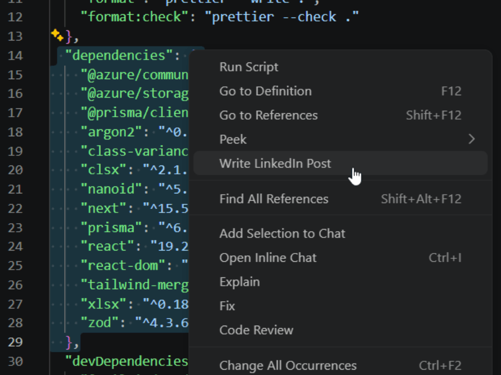 VS Code screenshot with code selected and the right-click context menu showing the Write LinkedIn Post option